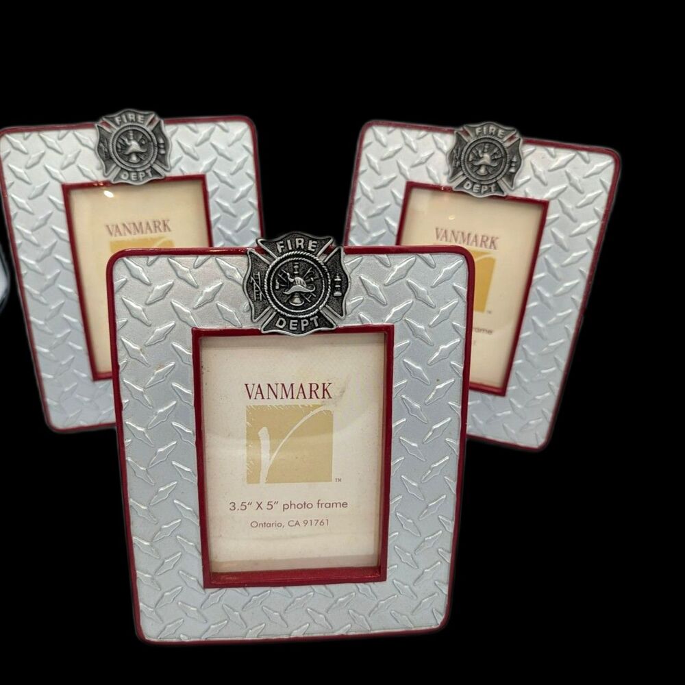 3 Frames Red Hats of Courage Fire Dept Metal Grate Look 3.5"x5" Picture New